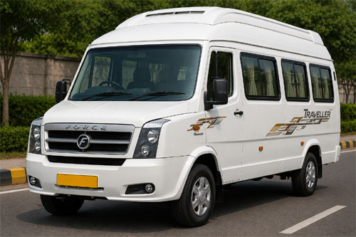 White Tempo Traveller taxi with yellow commercial plate